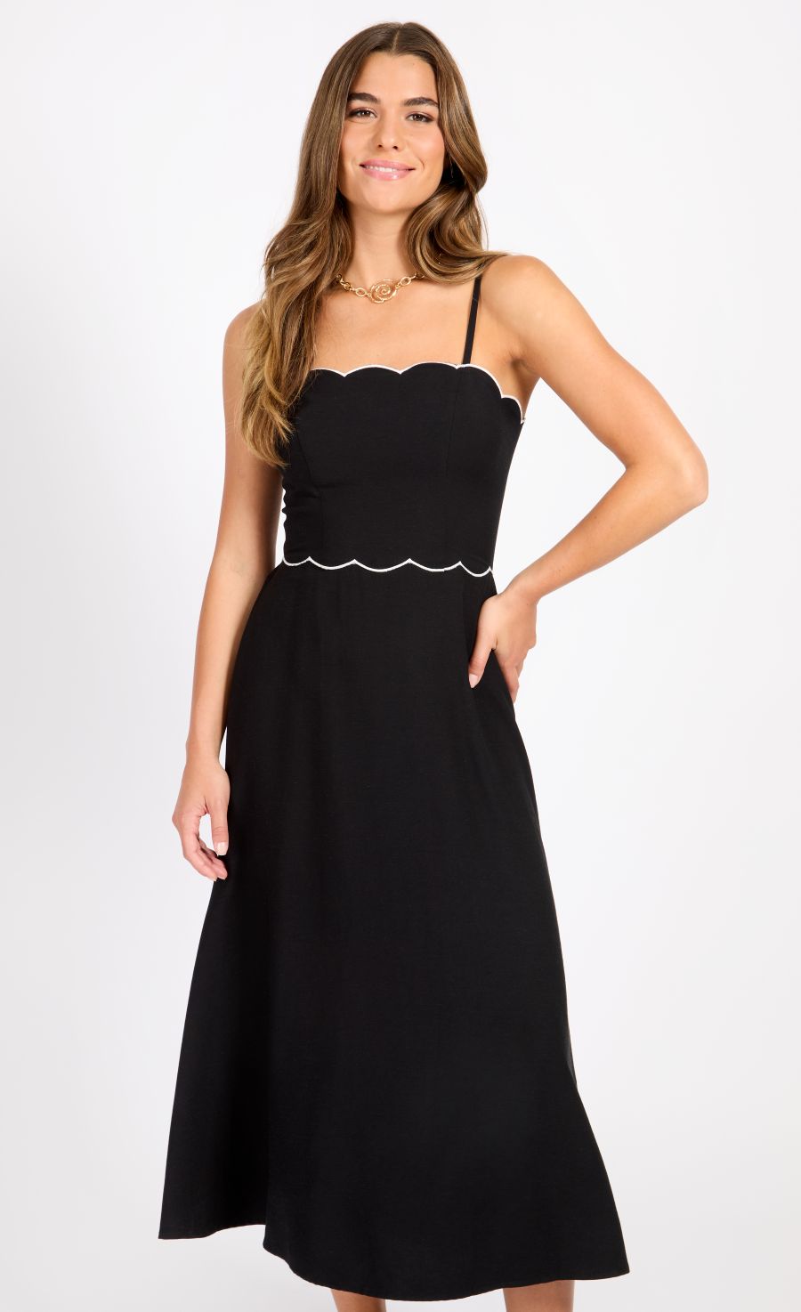 Black Scallop Midaxi Dress With Linen