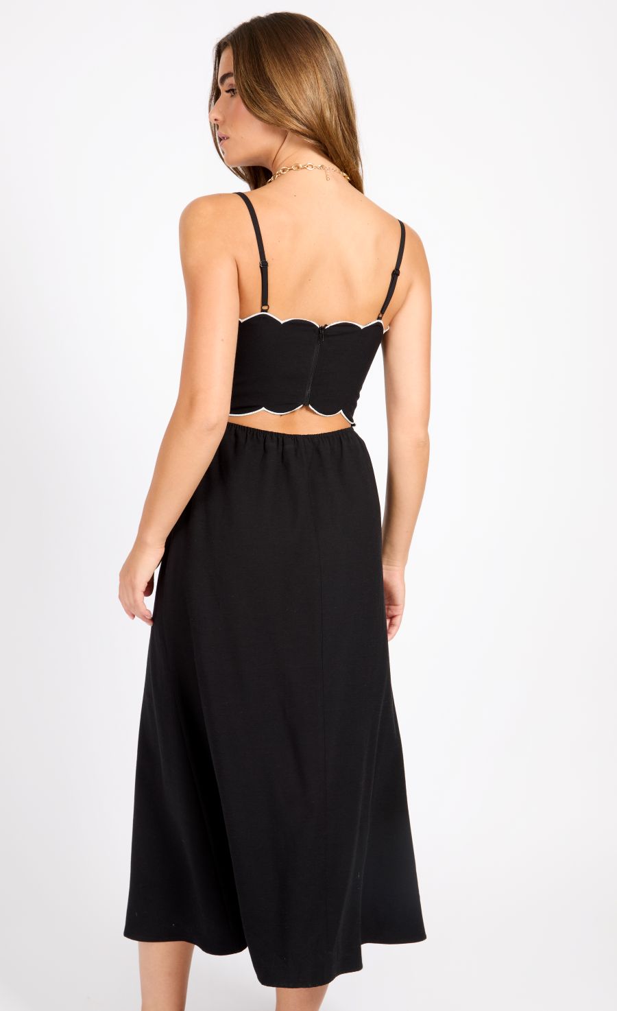 Black Scallop Midaxi Dress With Linen