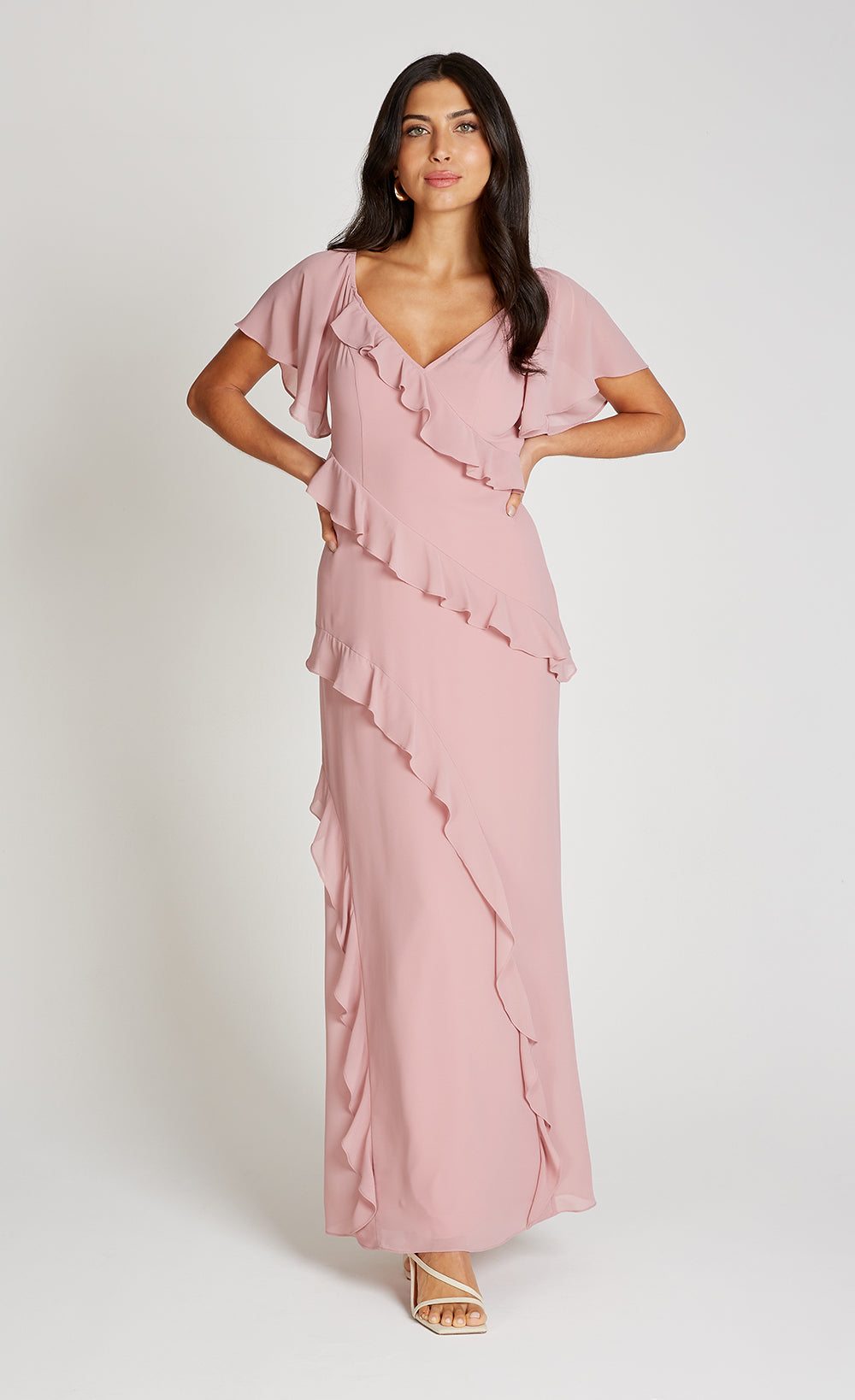 Dusty Pink Off Shoulder Ruffle Maxi Dress