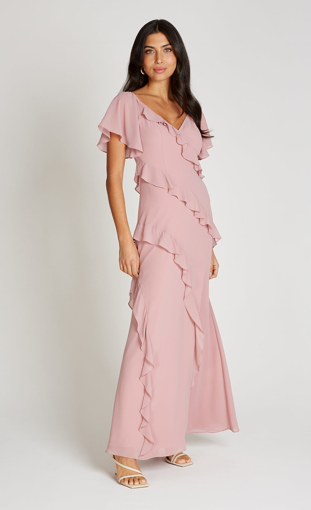 Dusty Pink Off Shoulder Ruffle Maxi Dress