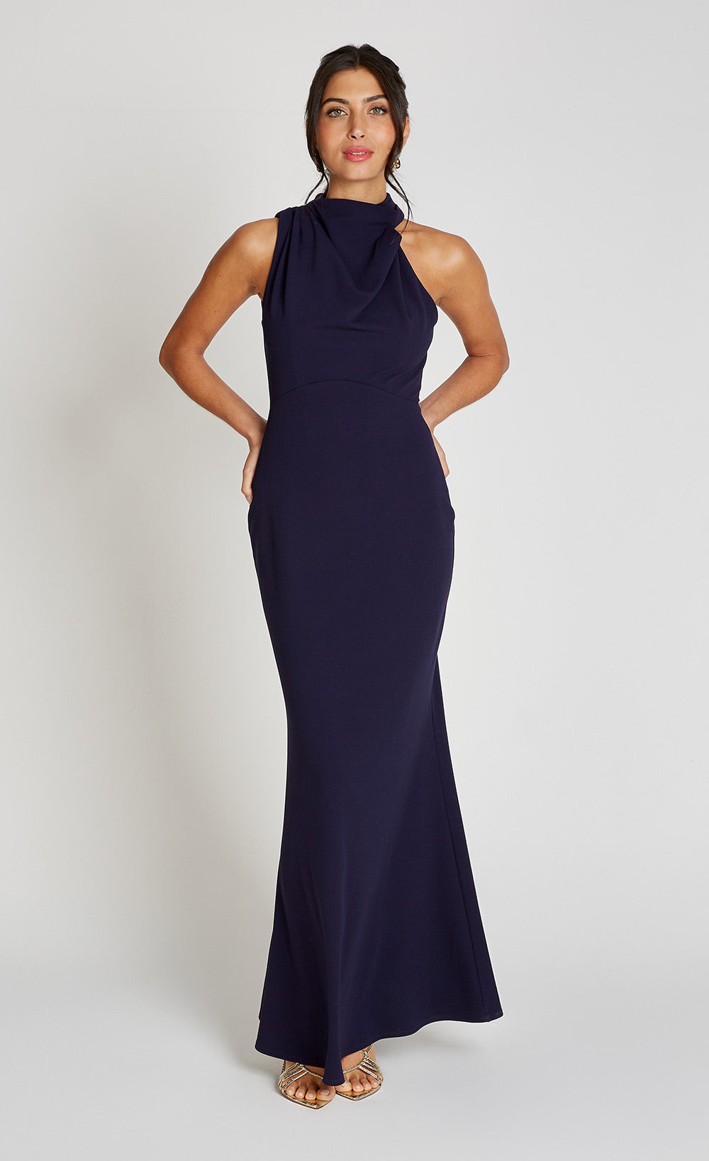 Navy Drape High Neck Maxi Dress