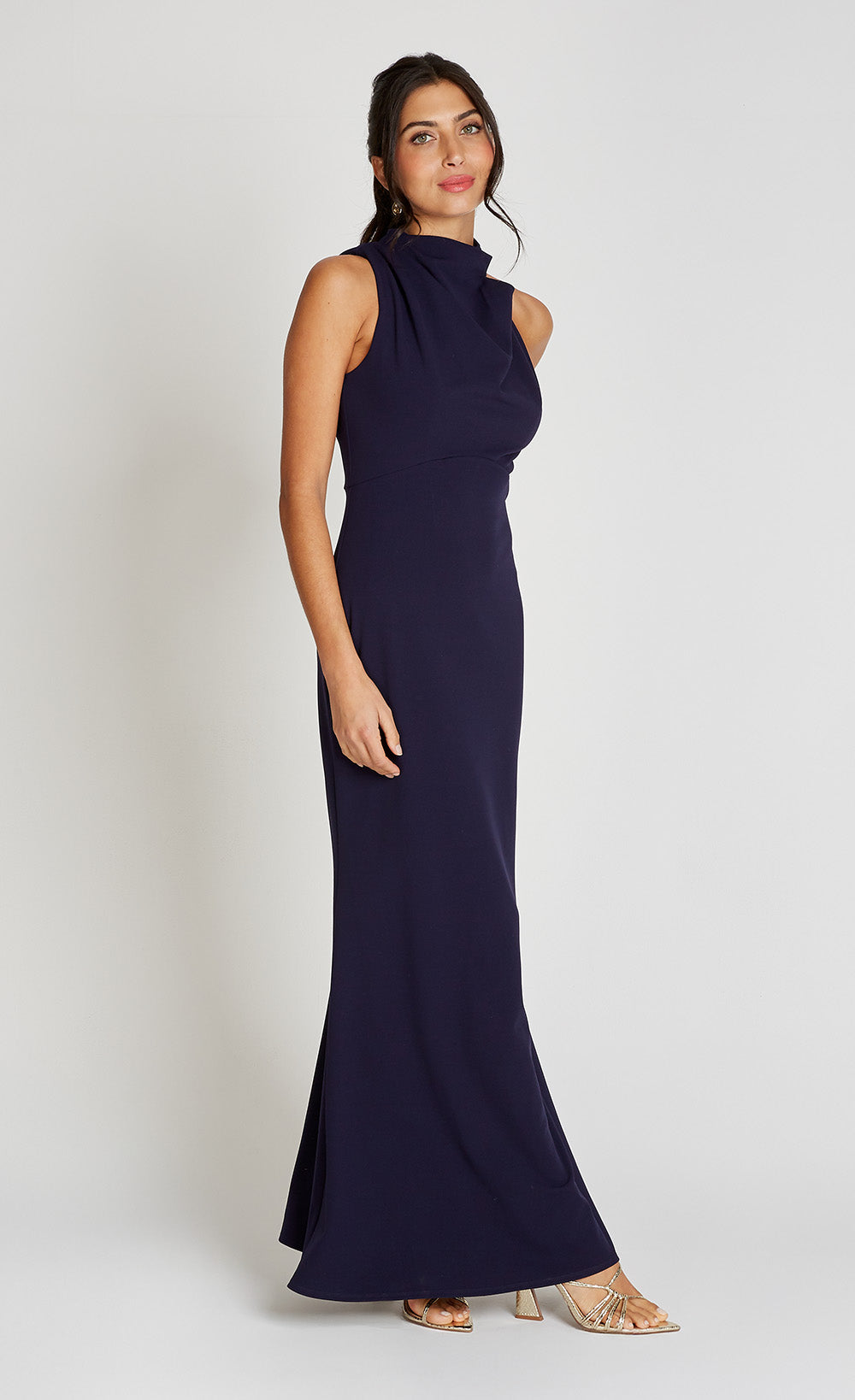 Navy Drape High Neck Maxi Dress