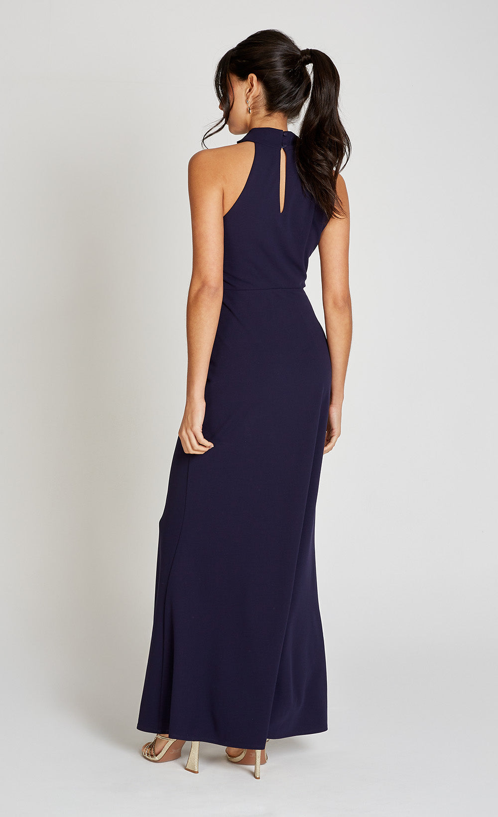 Navy Drape High Neck Maxi Dress