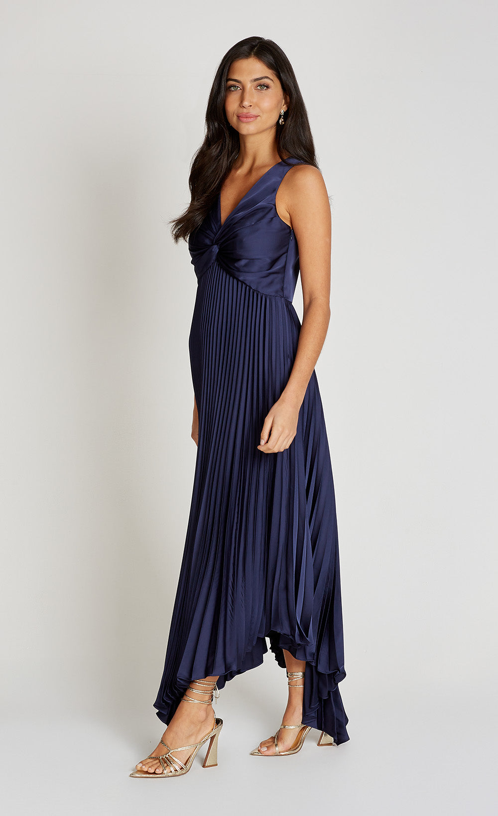 Navy Satin Pleated Midaxi Dress
