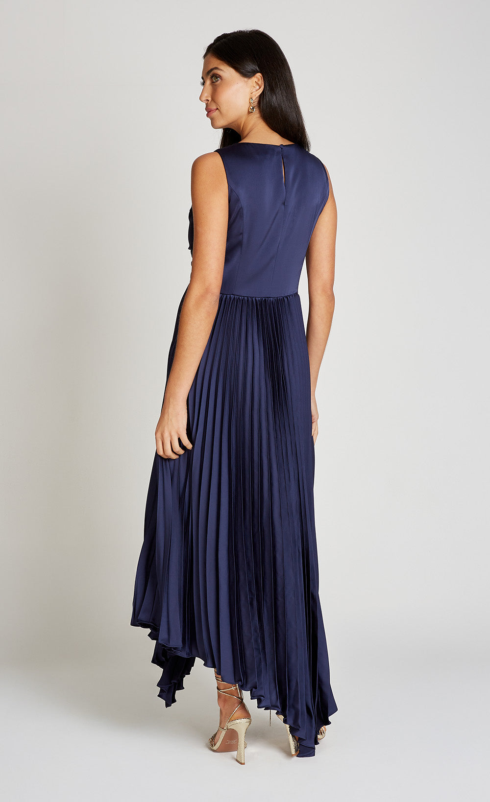 Navy Satin Pleated Midaxi Dress