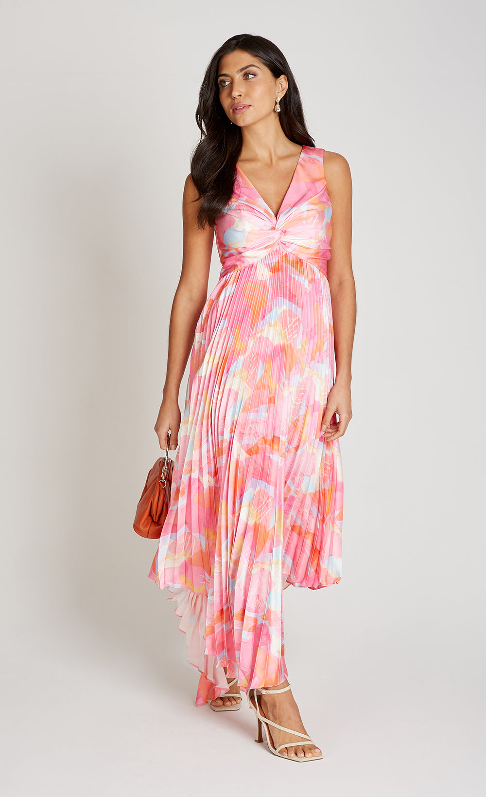 Pink Print Satin Pleated Midaxi Dress