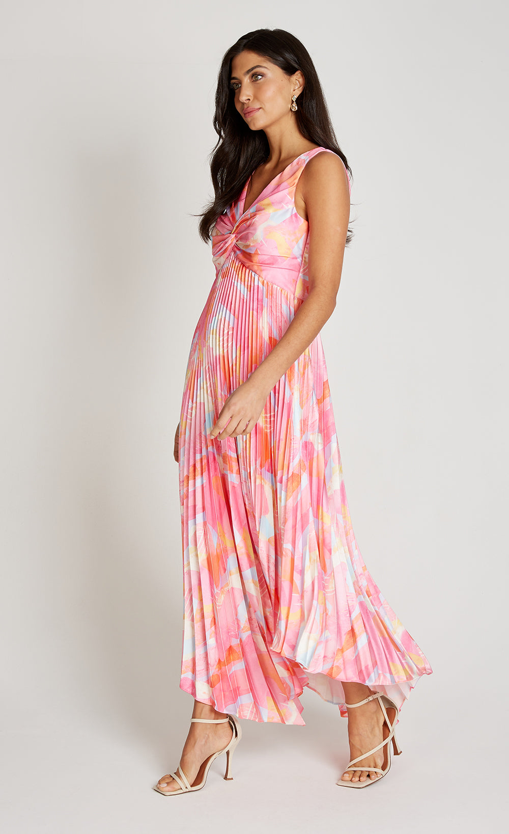 Pink Print Satin Pleated Midaxi Dress