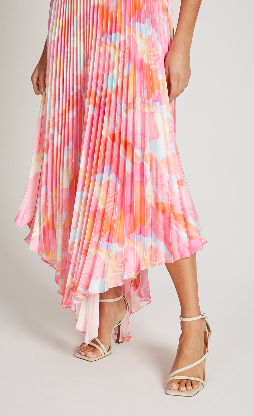 Pink Print Satin Pleated Midaxi Dress