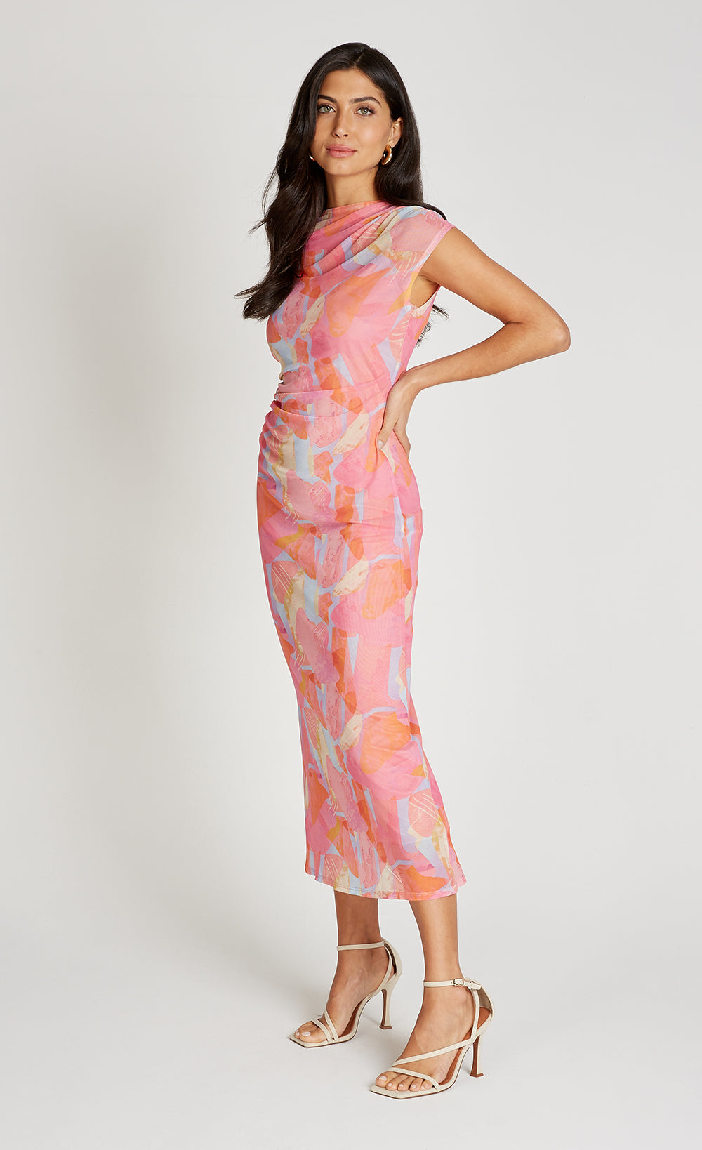Pink Print Mesh Midaxi Dress