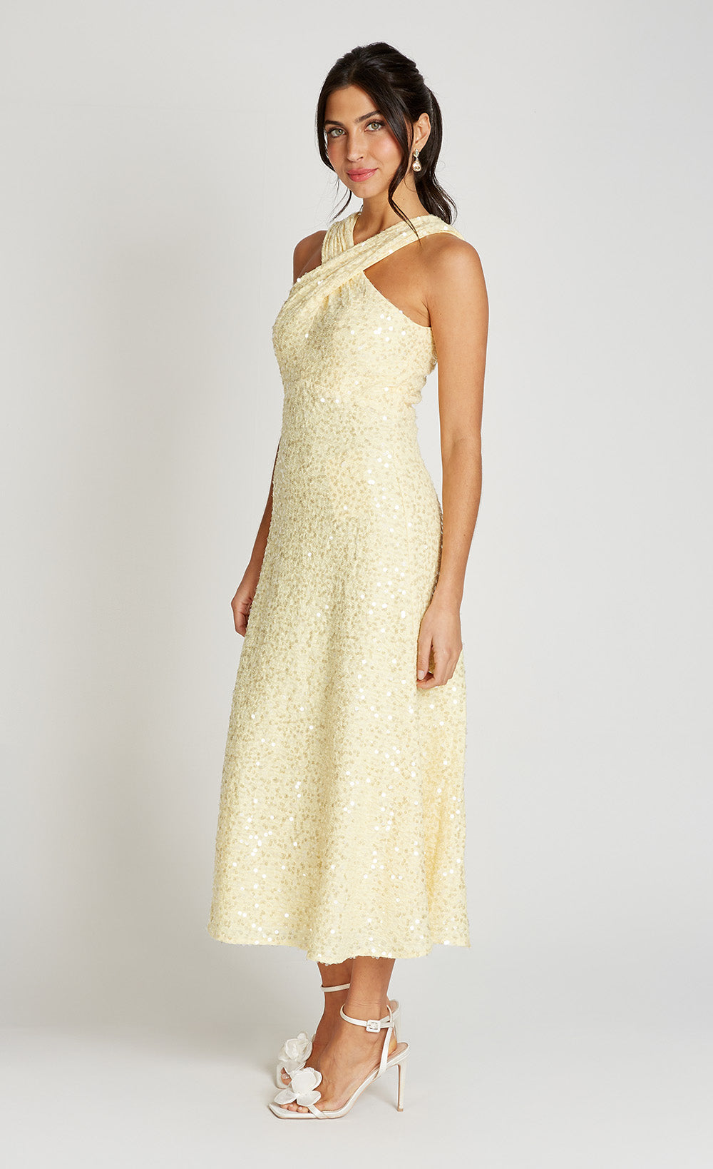 Lemon Sequin Waffle Cross Neck Midaxi Dress