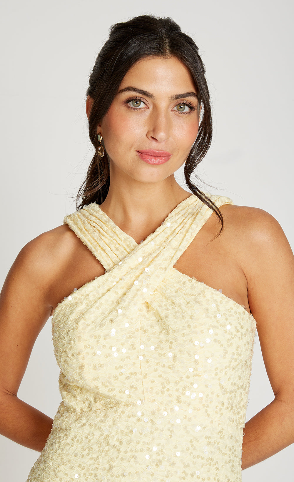 Lemon Sequin Waffle Cross Neck Midaxi Dress