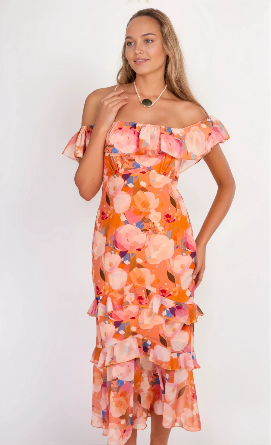 iSKA Print Chiffon Bardot Frill Midaxi Dress