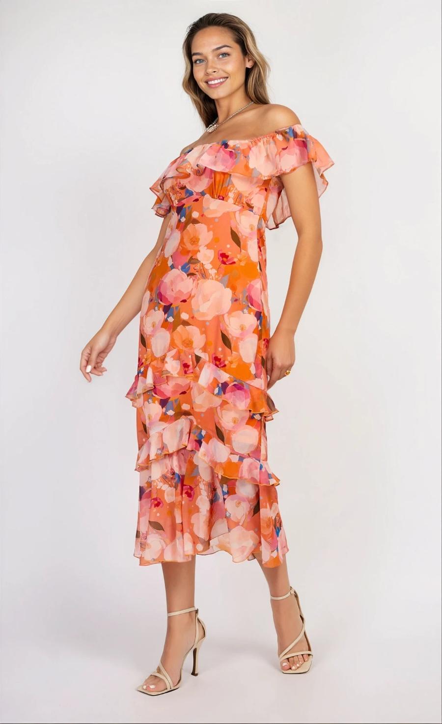 iSKA Print Chiffon Bardot Frill Midaxi Dress