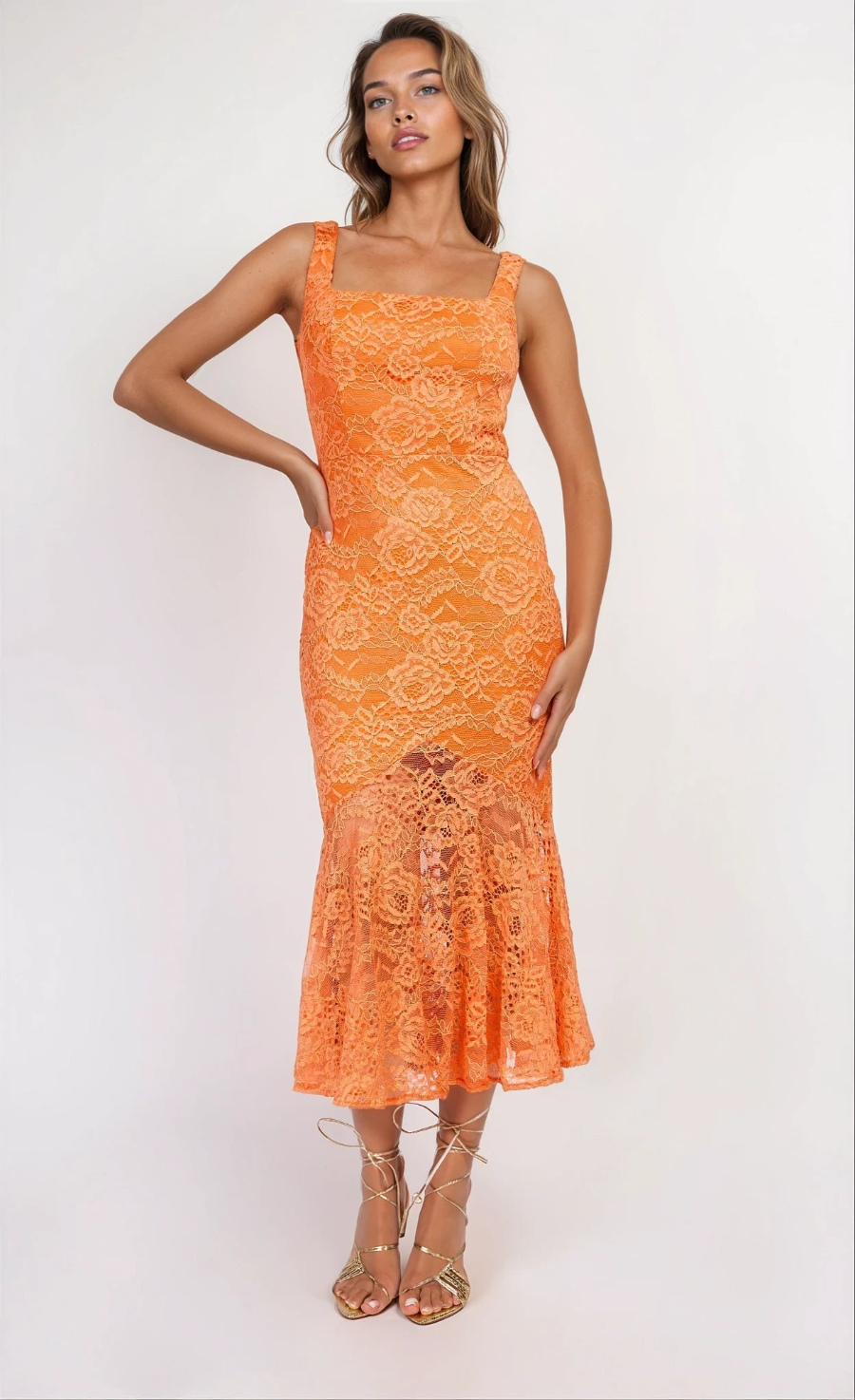 iSKA Orange Lace Square Neck Fishtail Midaxi Dress