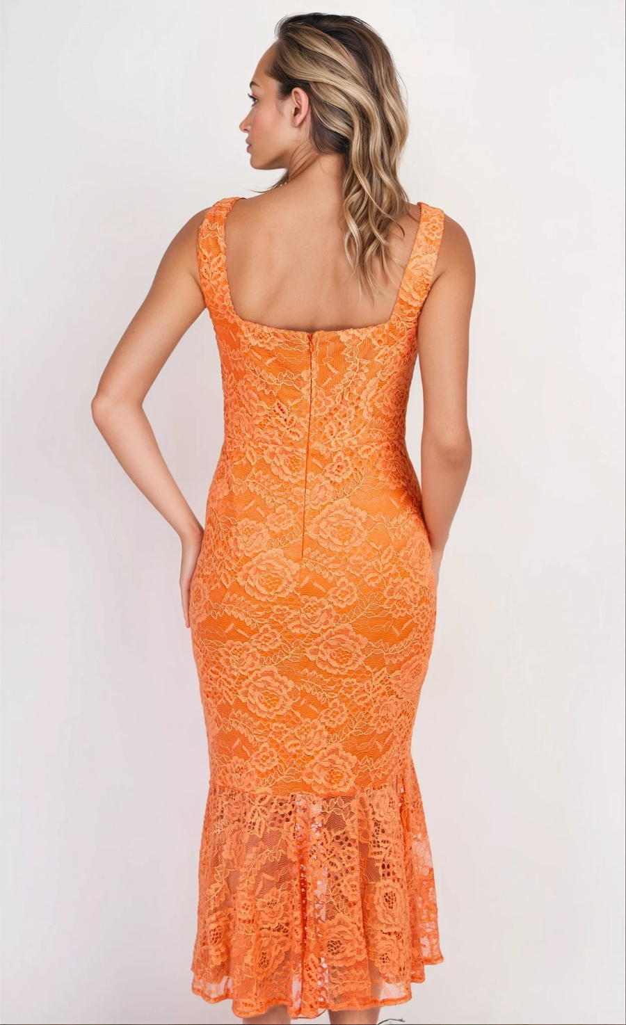 iSKA Orange Lace Square Neck Fishtail Midaxi Dress