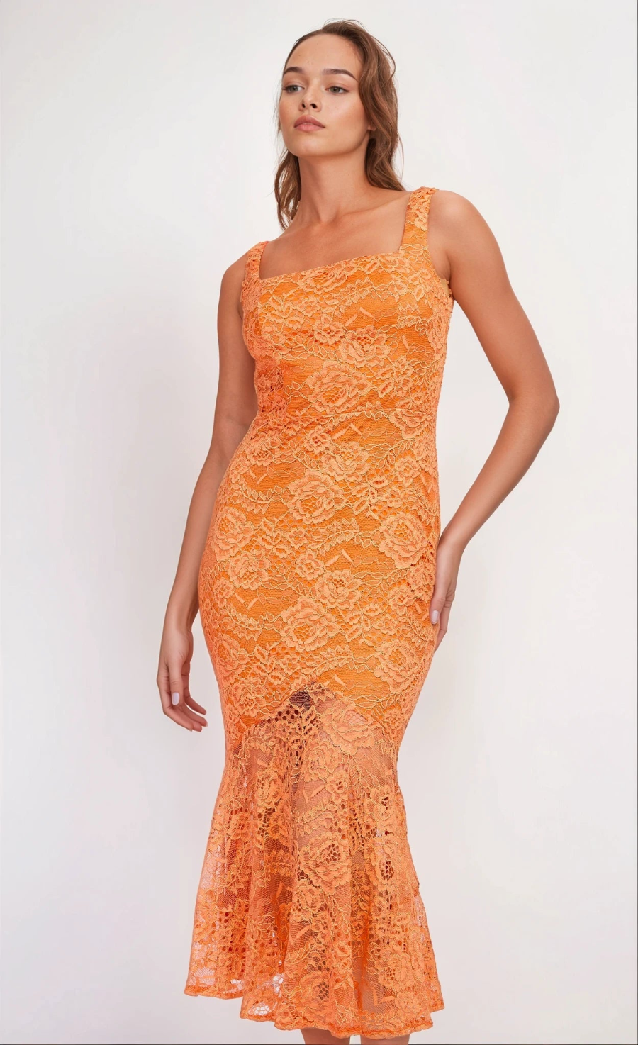 iSKA Orange Lace Square Neck Fishtail Midaxi Dress
