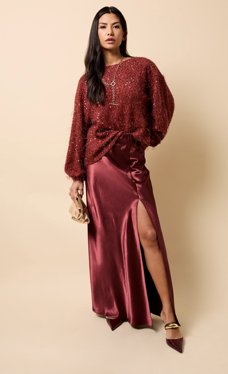 Marisol Cherry Satin Maxi Skirt