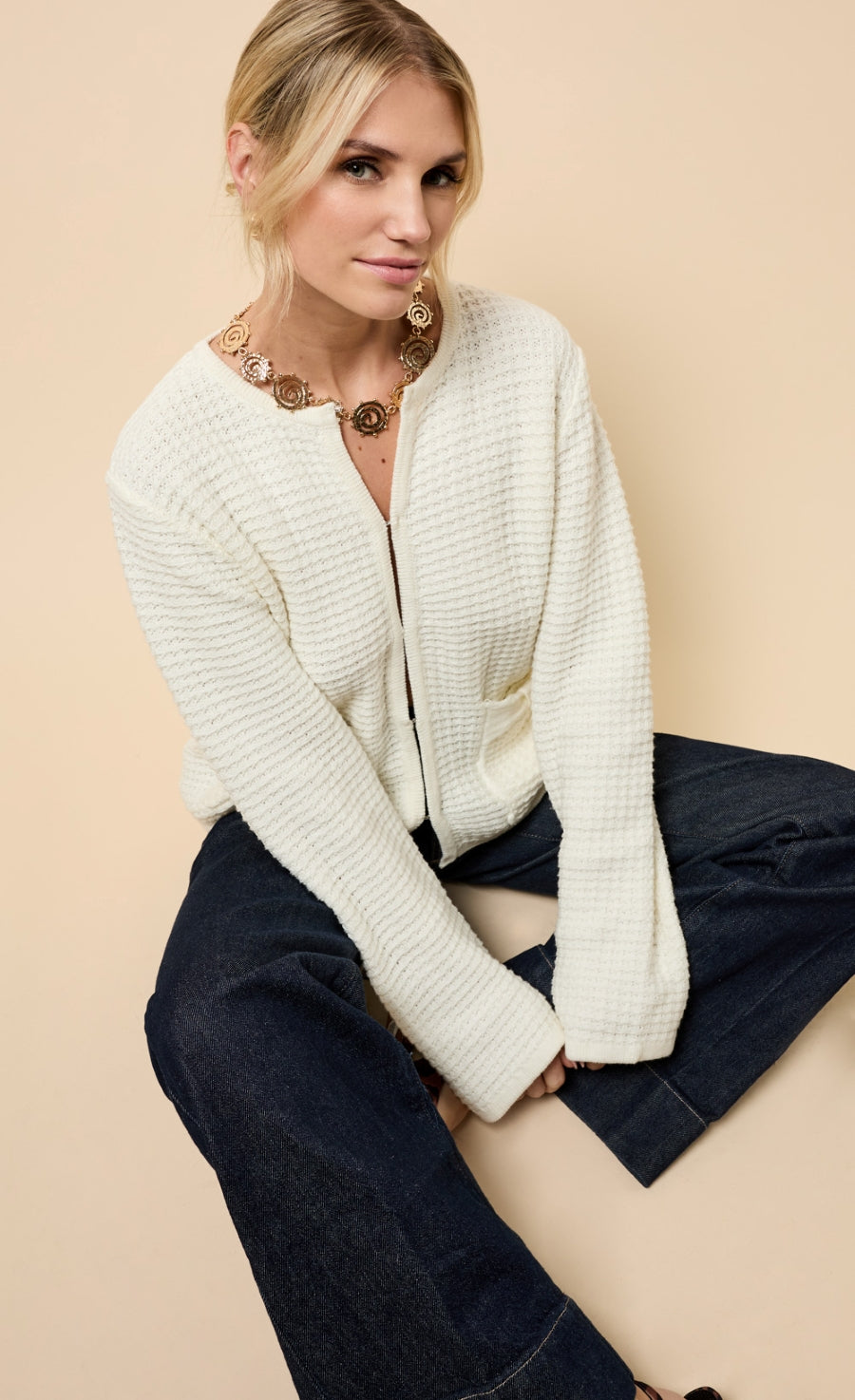 Celeste Cream Knitted Bow Pocket Detail Cardigan