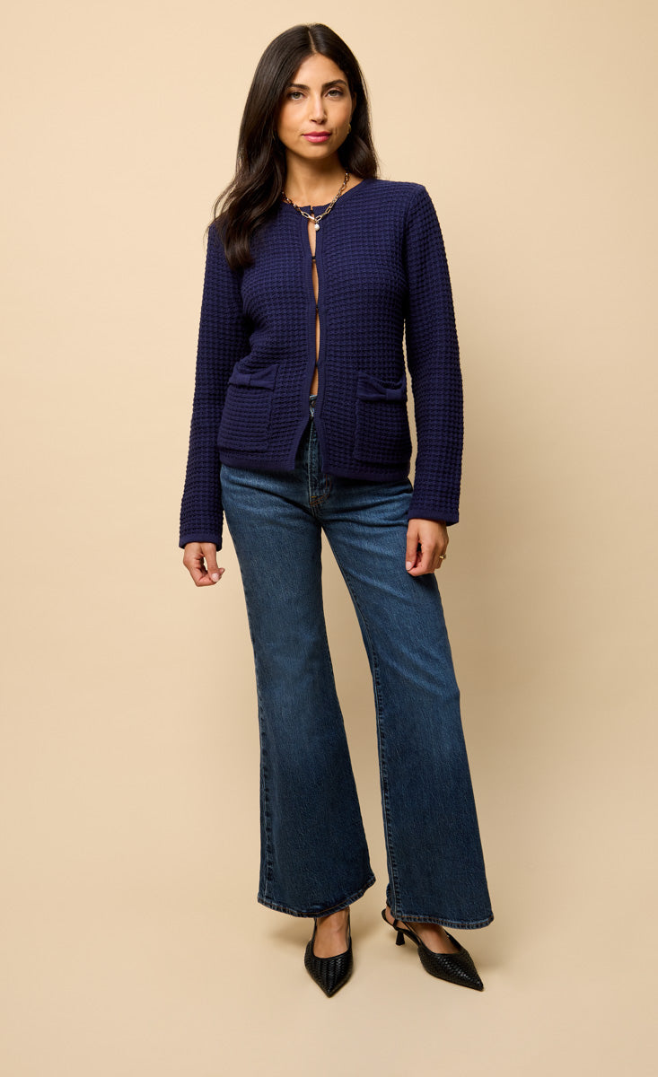 Celeste Navy Knitted Bow Pocket Detail Cardigan