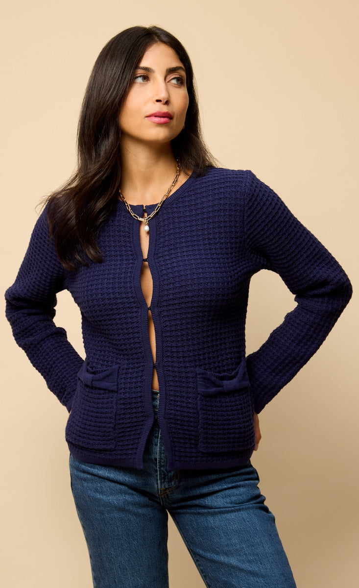 Celeste Navy Knitted Bow Pocket Detail Cardigan