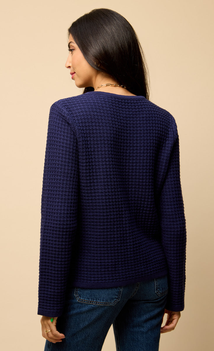 Celeste Navy Knitted Bow Pocket Detail Cardigan