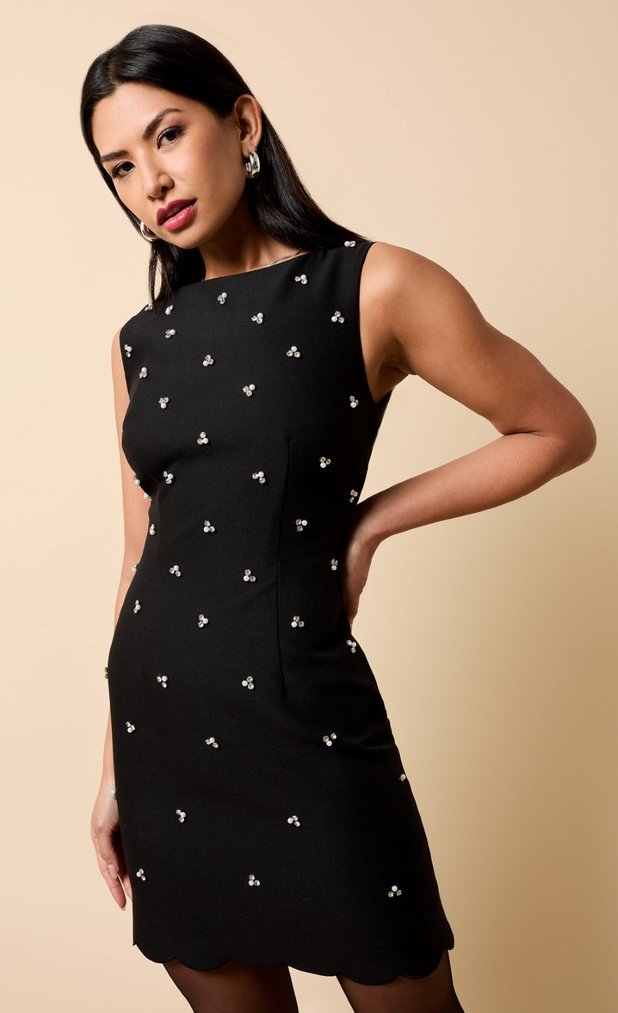 Carina Black Embellished Scallop Hem Mini Dress