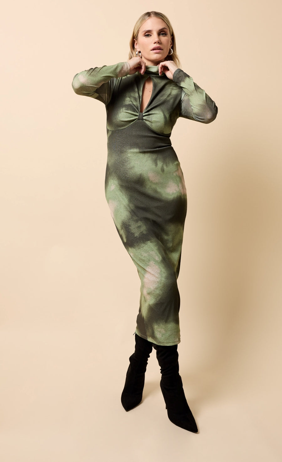 Isolde Khaki Print Keyhole Midaxi Dress