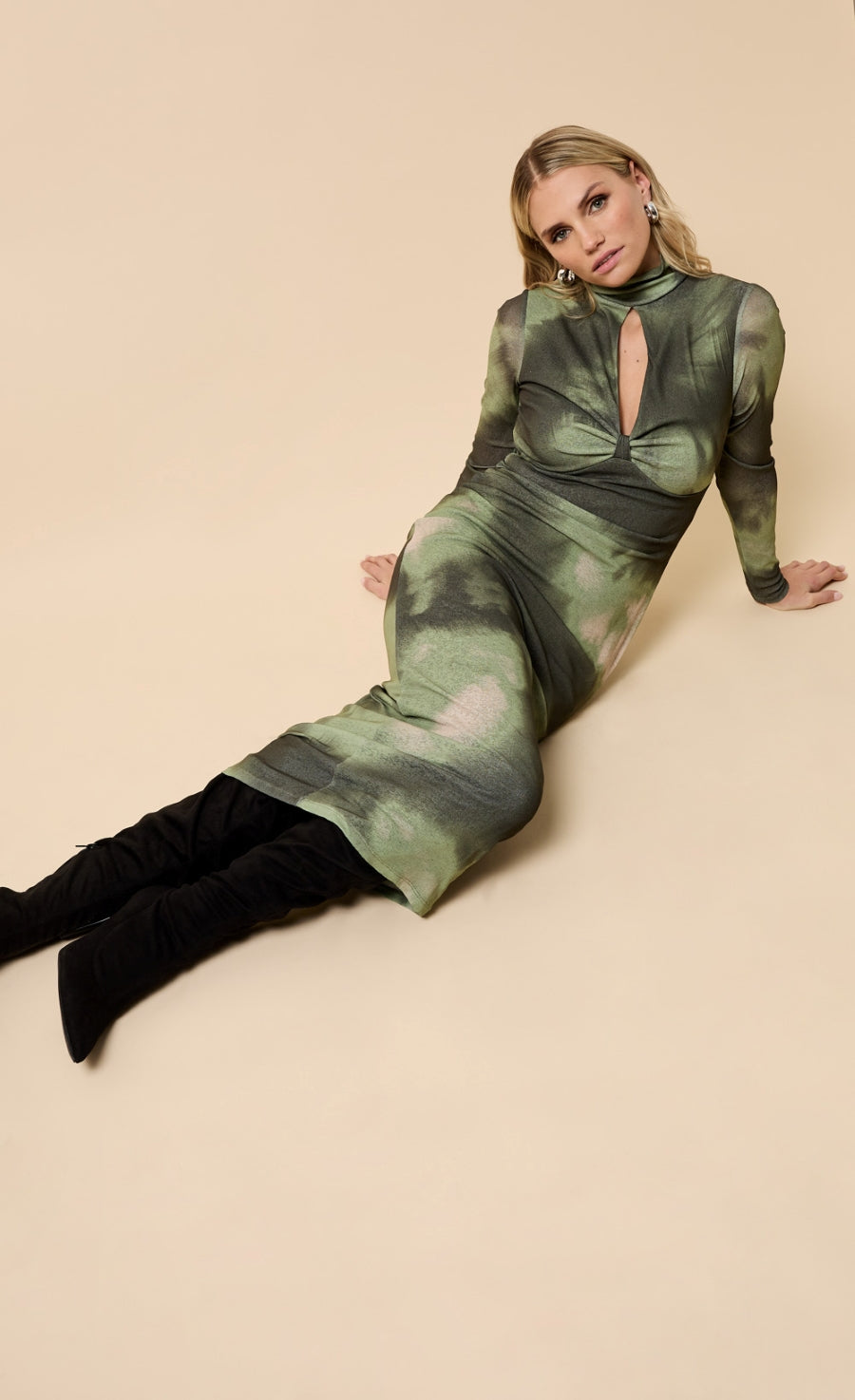 Isolde Khaki Print Keyhole Midaxi Dress