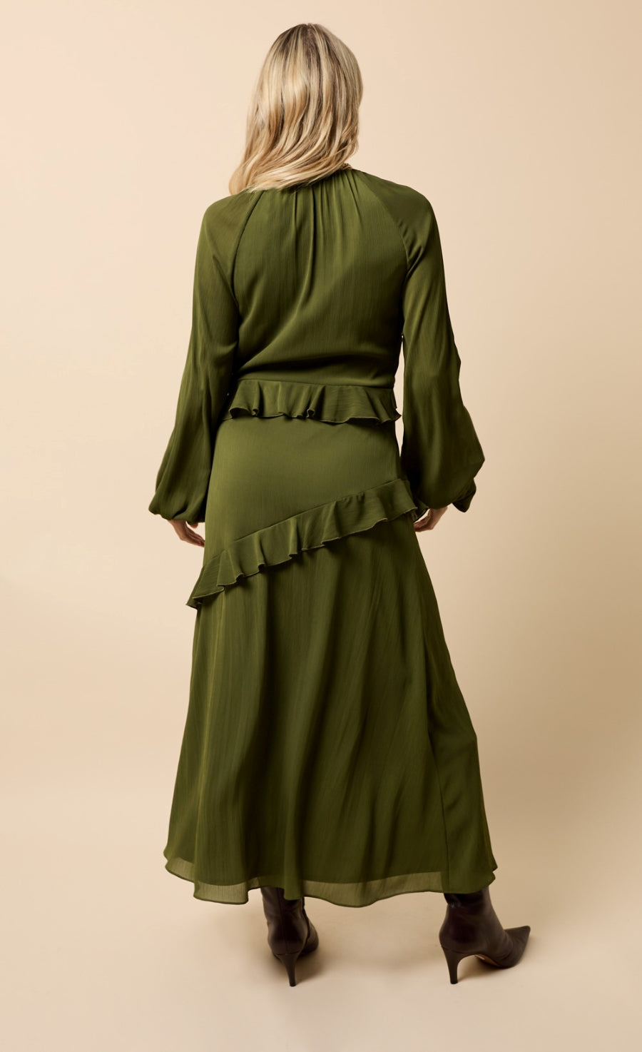 Lumière Khaki Chiffon Ruffle Maxi Dress