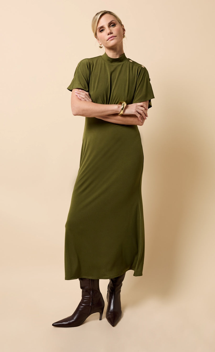 Maeva Khaki Button Detail Midaxi Dress