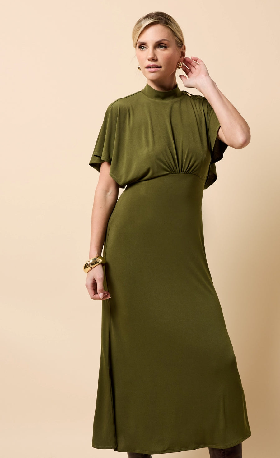 Maeva Khaki Button Detail Midaxi Dress