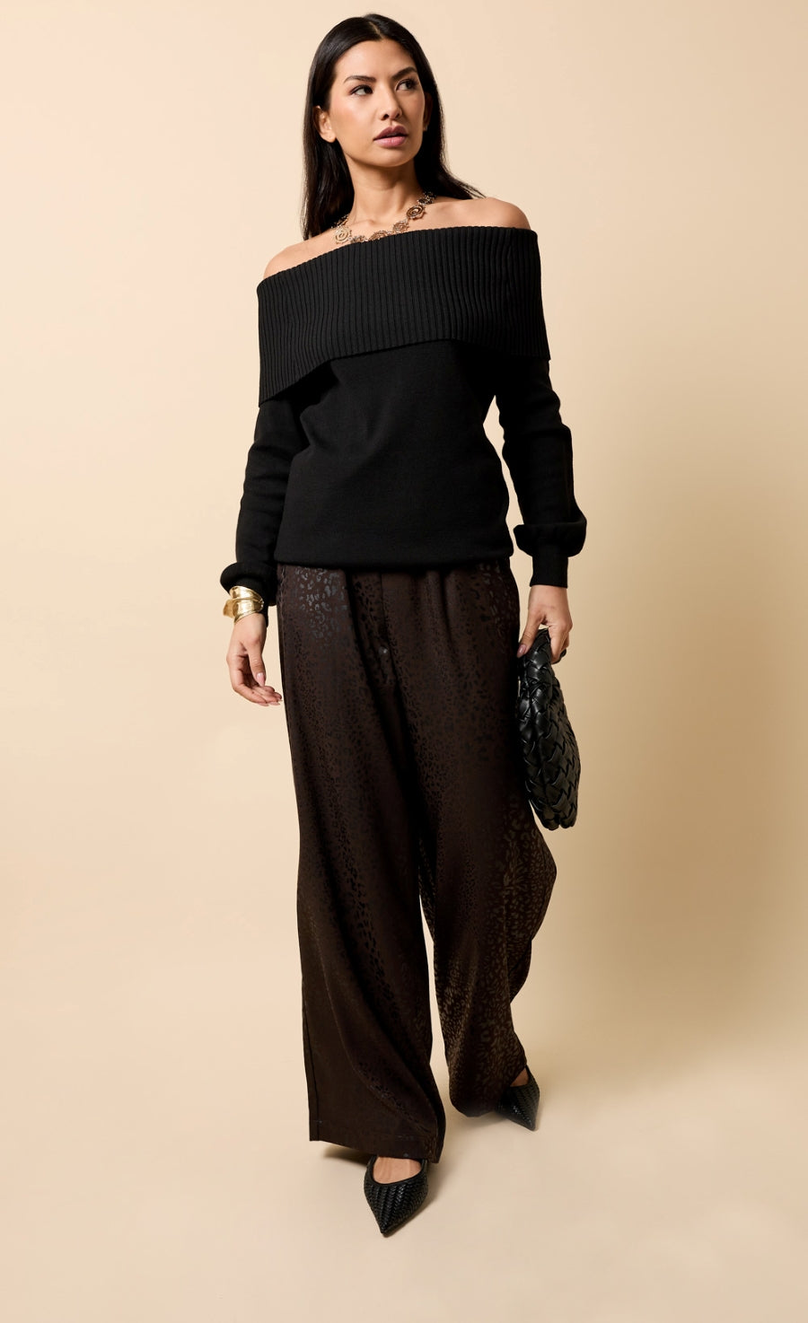 Lorena Chocolate Animal Texture Satin Wide Leg Trousers