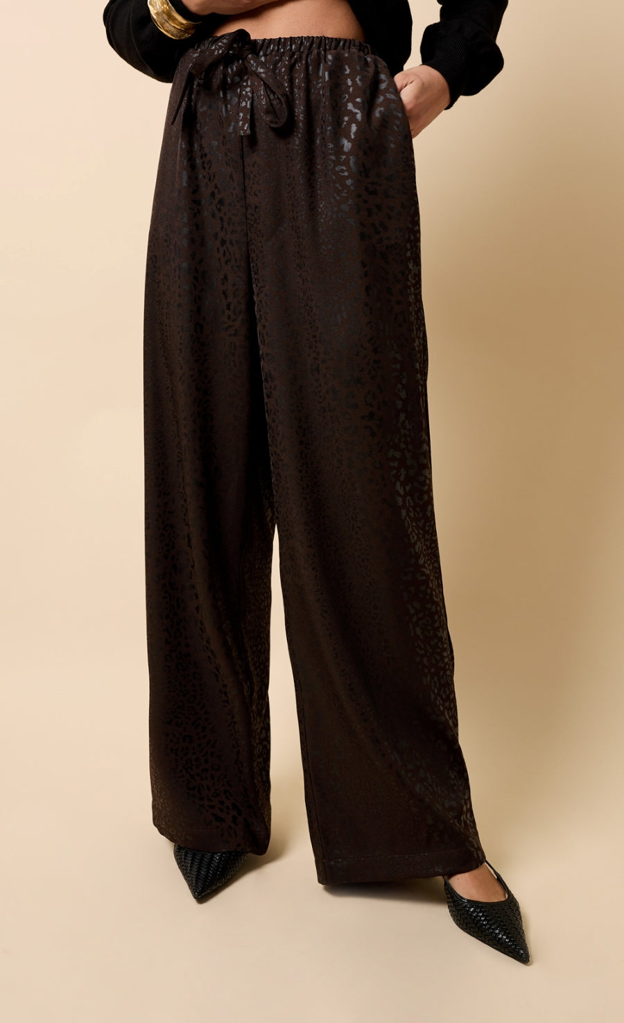 Lorena Chocolate Animal Texture Satin Wide Leg Trousers