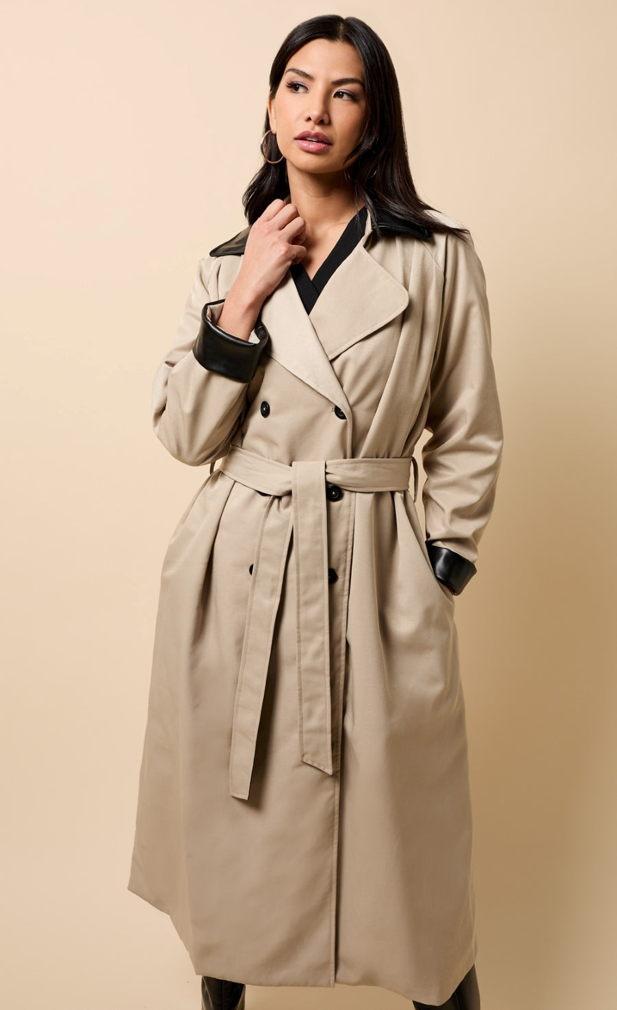 Katya Camel PU Contrast Trim Trench Coat