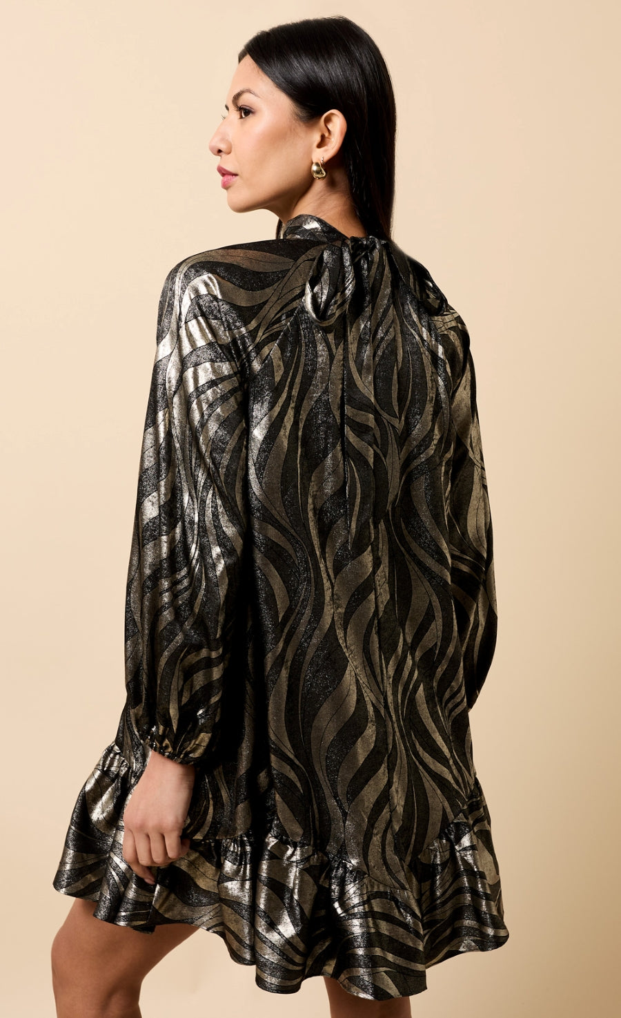 Sabine Black and Gold Foil Print Mini Dress