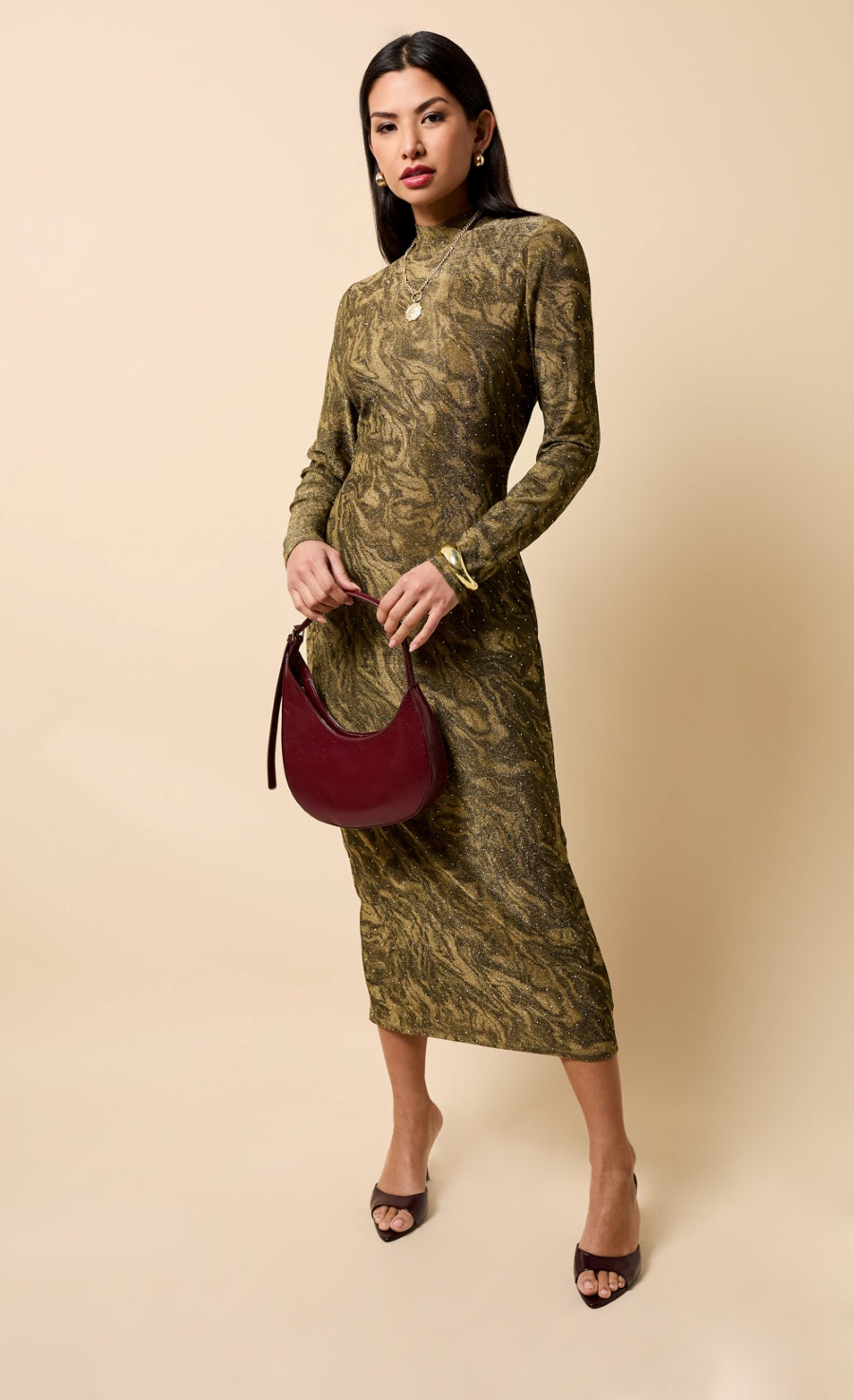Seraphine Gold Print Lurex Midaxi Dress