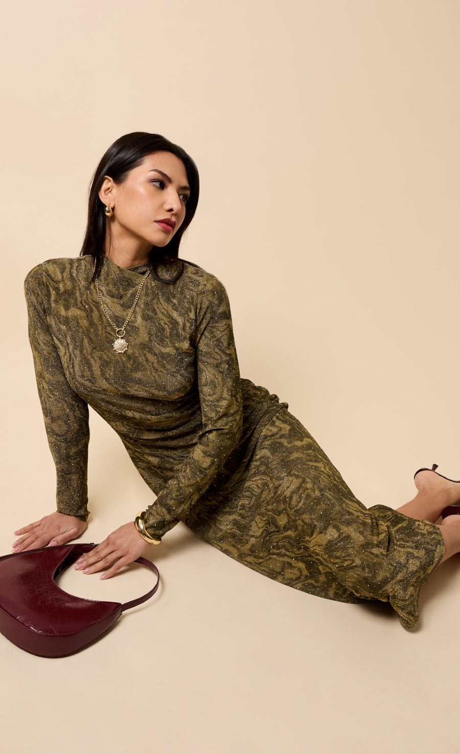 Seraphine Gold Print Lurex Midaxi Dress