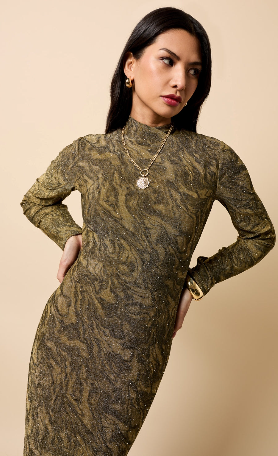 Seraphine Gold Print Lurex Midaxi Dress