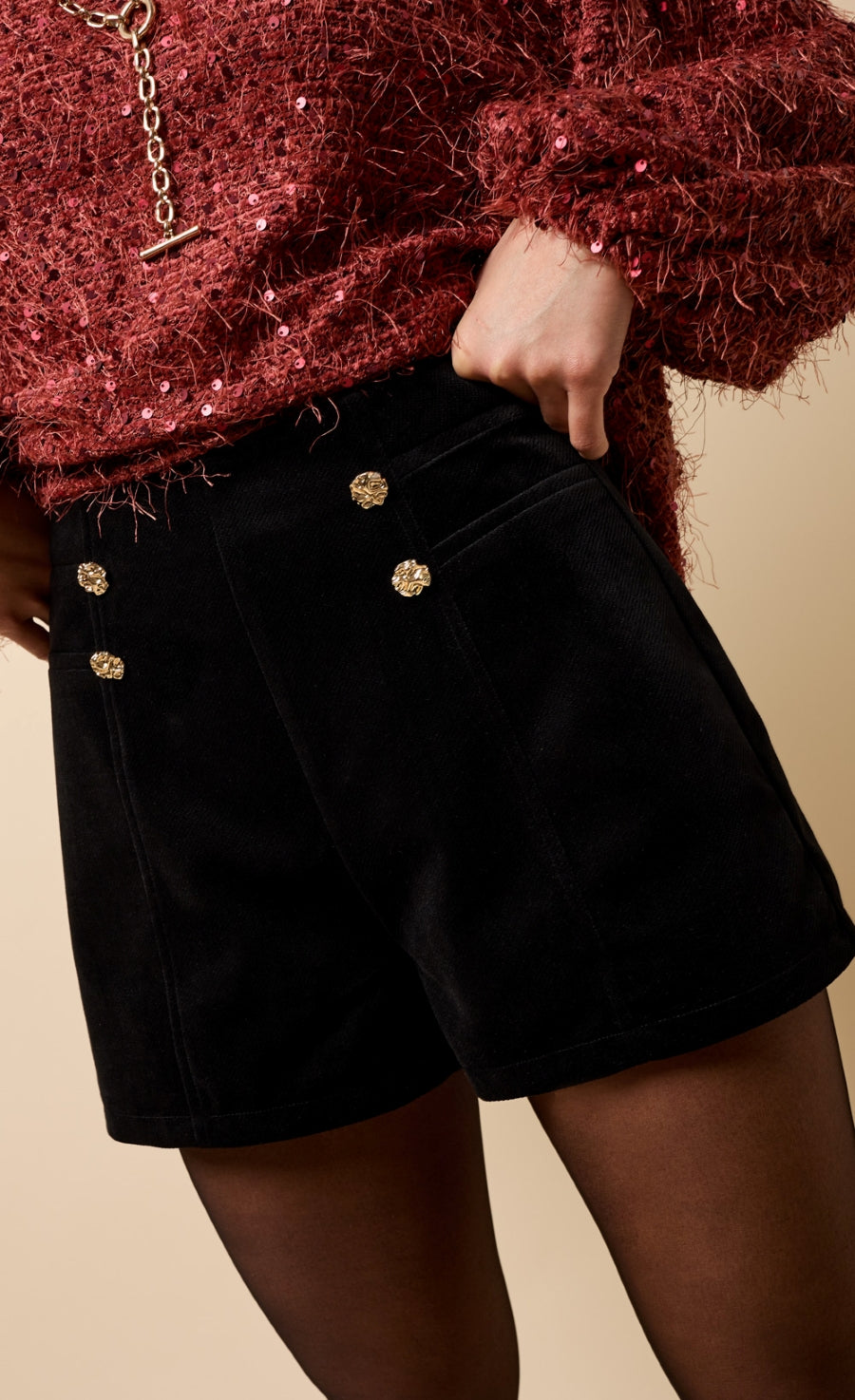 Paloma Black Velvet Button Detail Shorts