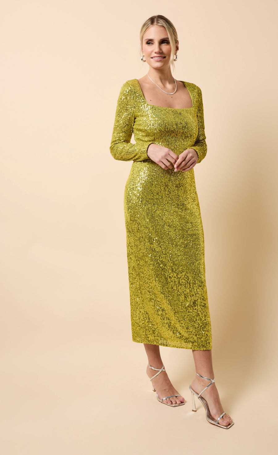 Solange Lime Sequin Square Neck Midaxi Dress