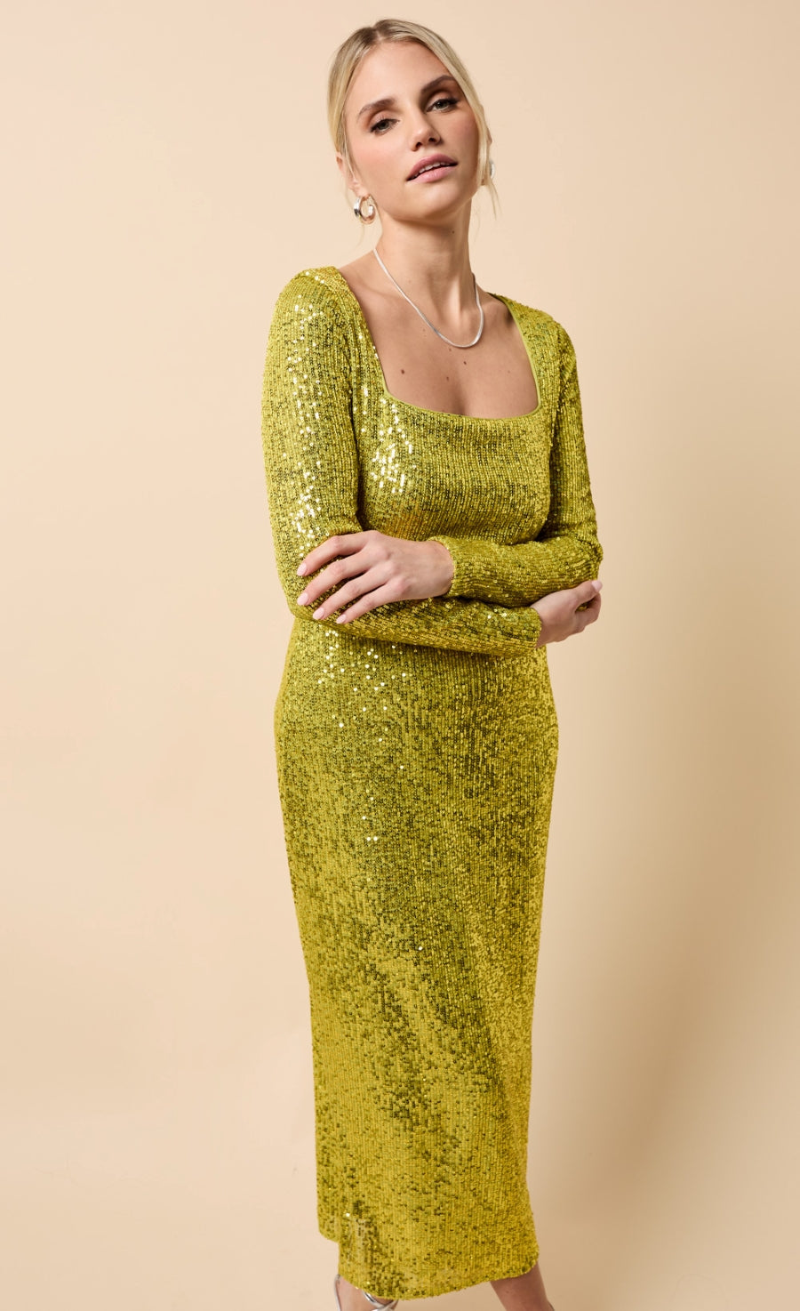 Solange Lime Sequin Square Neck Midaxi Dress