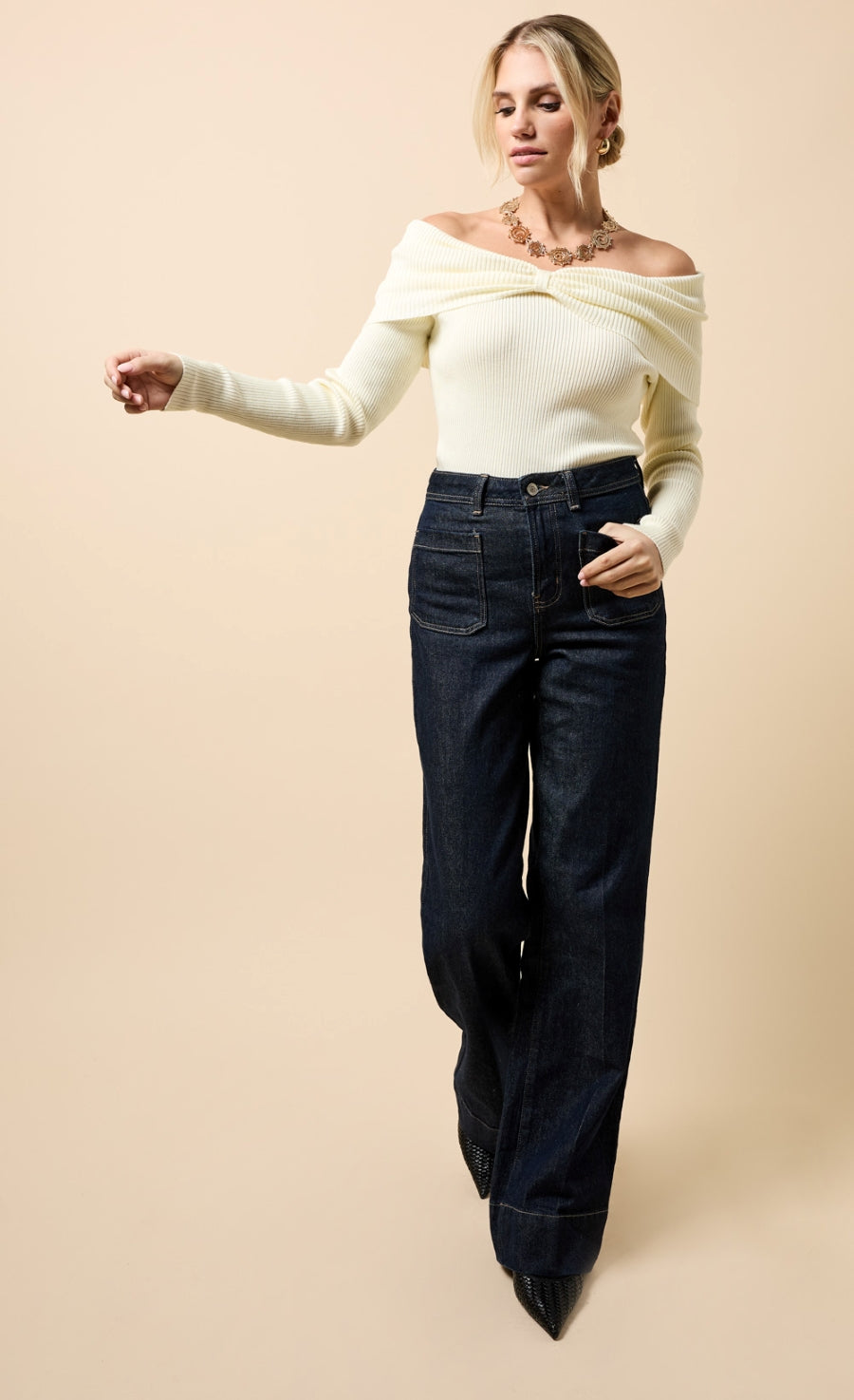 Faye Cream Knot Detail Bardot Jumper