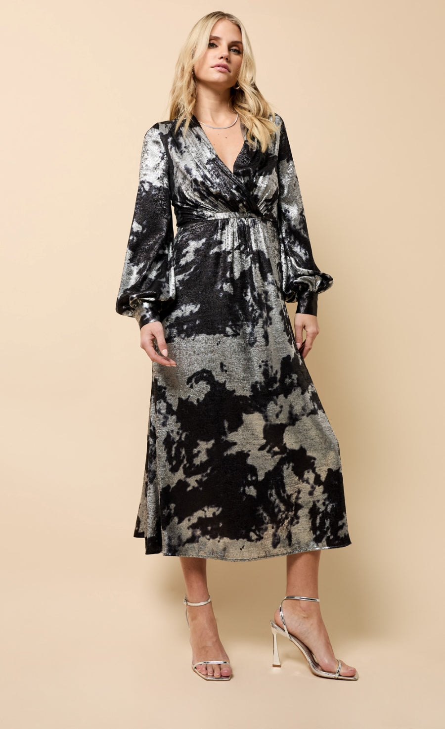 Elodie Black Silver Foil Midaxi Dress