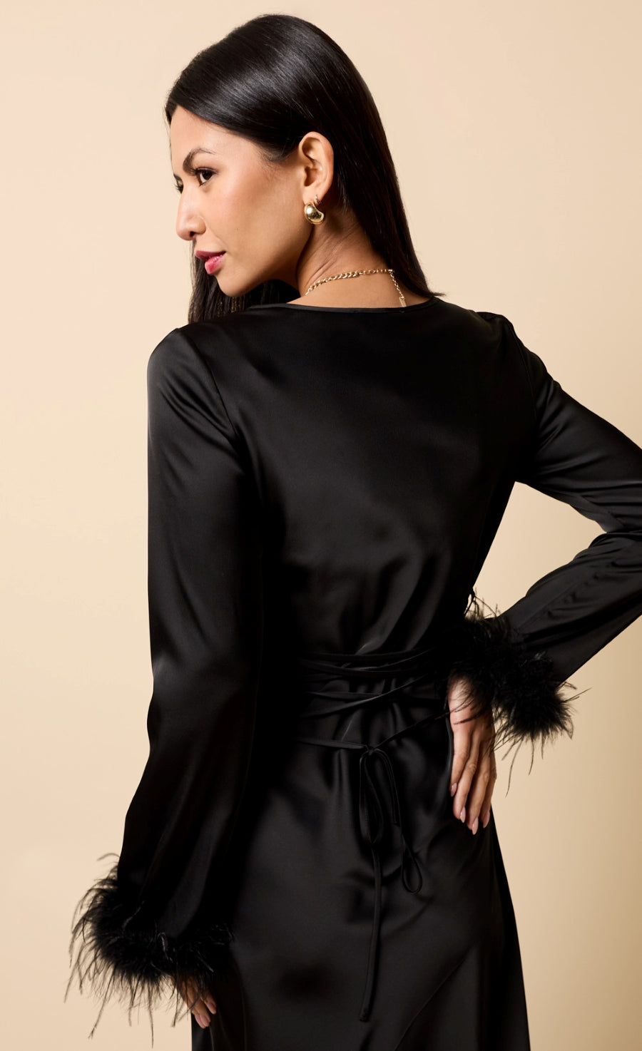 Riviera Black Satin Feather Trim Sleeve Midaxi Dress