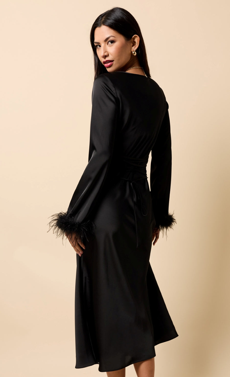 Riviera Black Satin Feather Trim Sleeve Midaxi Dress