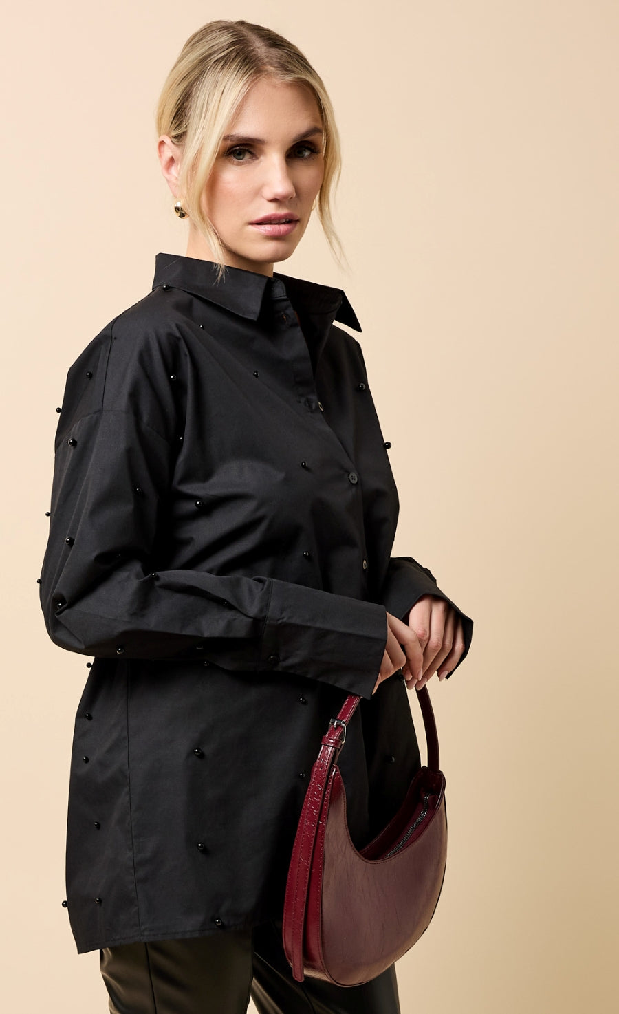 Oriane Black Cotton Pearl Embellished Shirt