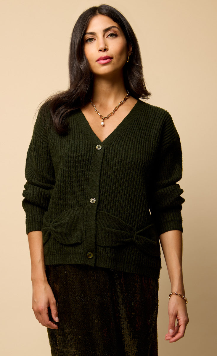 Ivanna Khaki Bow Pocket Detail Cardigan