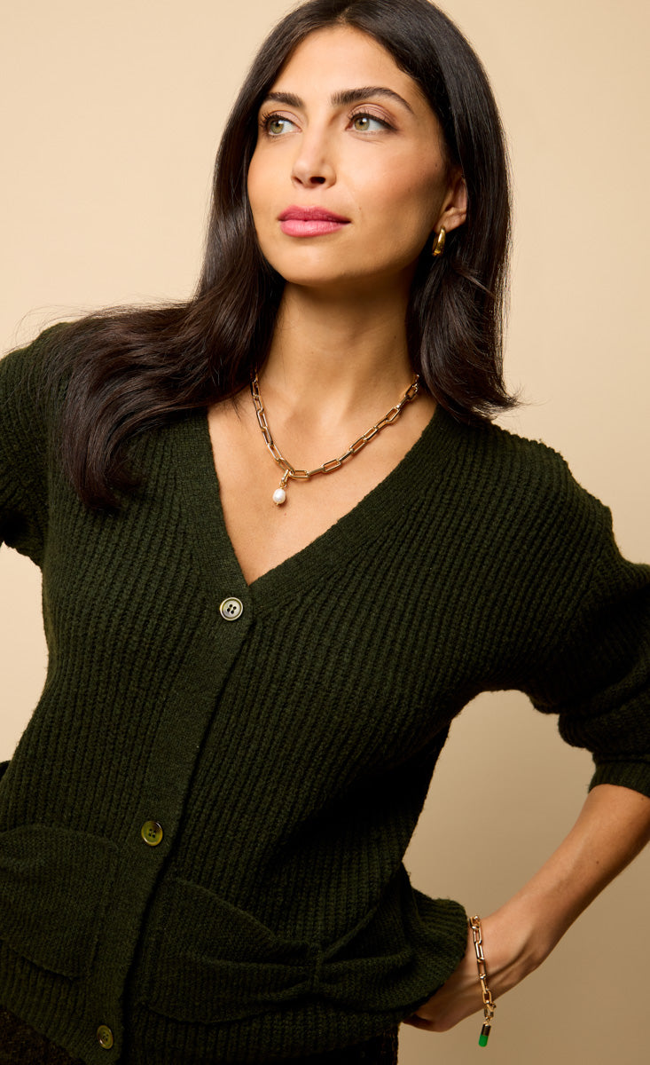 Ivanna Khaki Bow Pocket Detail Cardigan