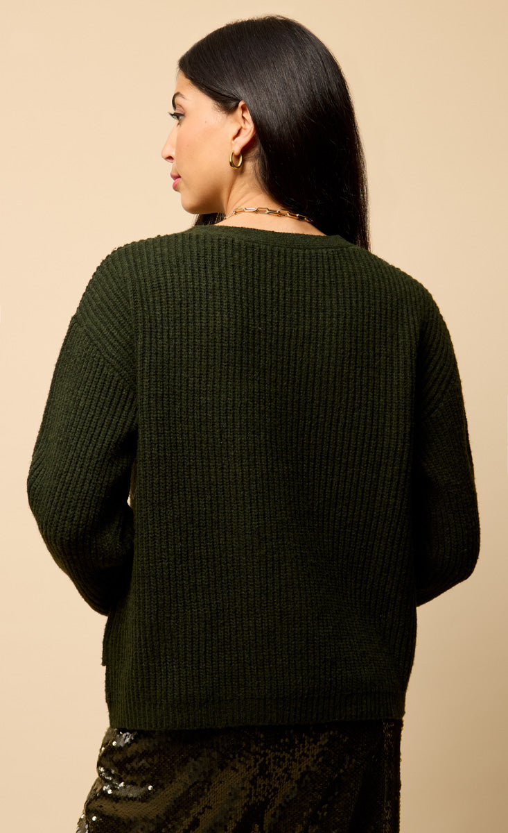 Ivanna Khaki Bow Pocket Detail Cardigan