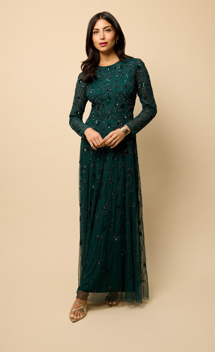 Teal Long Sleeve Embellished Maxi Dress